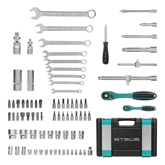 Набор инструментов 1/2", 1/4" 12 гранные головки 82 предмета Stels Набор инструментов 1/2", 1/4" 12 гранные головки 82 предмета Stels
