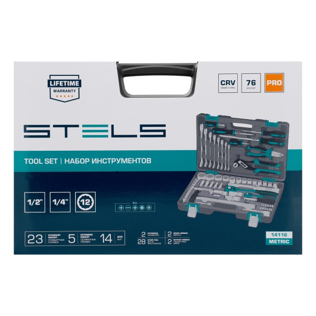 Набор инструментов, 1/2", 1/4", CrV 76 предметов Stels Набор инструментов, 1/2", 1/4", CrV 76 предметов Stels