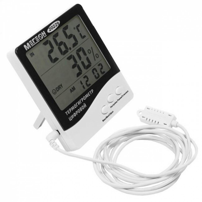 Цифровой настольный термогигрометр с выносным датчиком МЕГЕОН 20229 с поверкой Цифровой настольный термогигрометр с выносным датчиком МЕГЕОН 20229 с поверкой