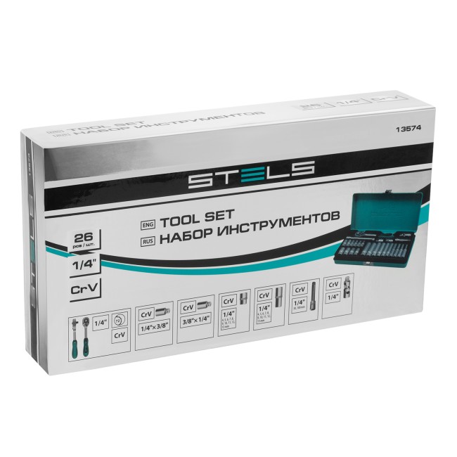 Набор торцевых головок с трещоткой 1/4" 26 предметов Stels Набор торцевых головок с трещоткой 1/4" 26 предметов Stels